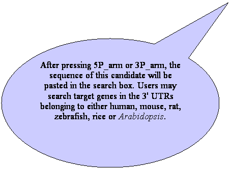 ιϻr: After pressing 5P_arm or 3P_arm, the sequence of this candidate will be pasted in the search box. Users may search target genes in the 3' UTRs belonging to either human, mouse, rat, zebrafish, rice or Arabidopsis. 
