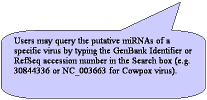 圓角矩形圖說文字: Users may query the putative miRNAs of a specific virus by typing the GenBank Identifier or RefSeq accession number in the Search box (e.g. 30844336 or NC_003663 for Cowpox virus).
 
